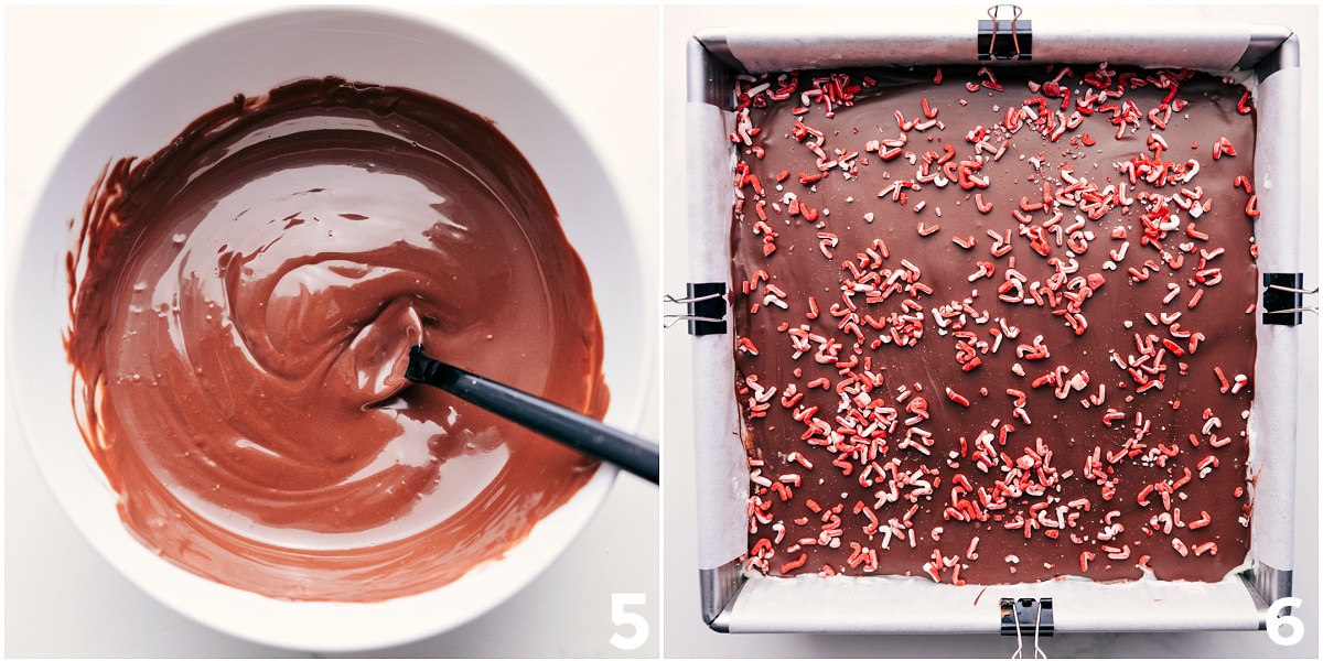 Chocolate Ganache On Peppermint Brownies Chocolate melted and poured over the dessert for a chocolate topping.