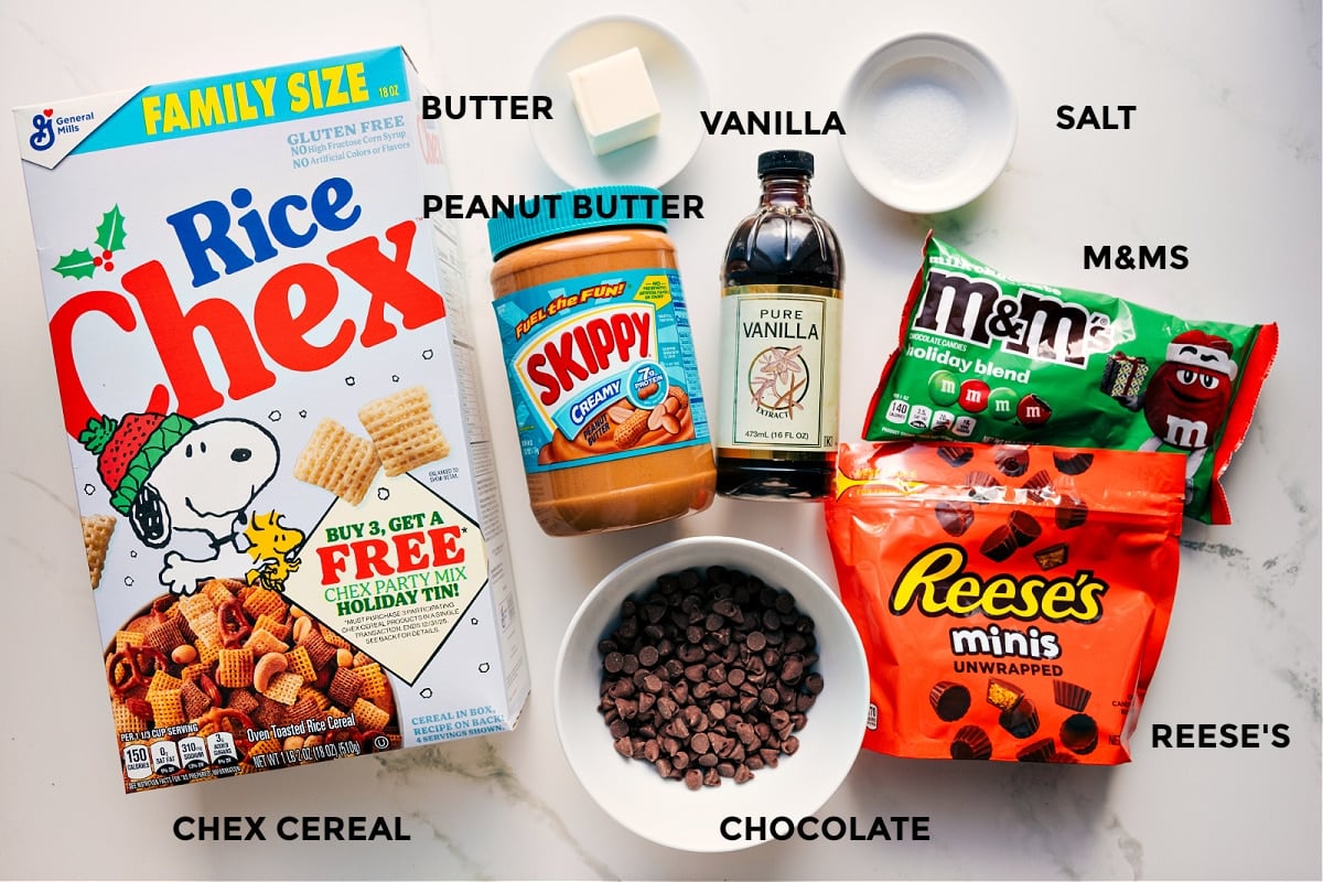 Ingredients In Reindeer Chow All the ingredients for this recipe prepped and ready to go, including Rice Chex cereal, butter, peanut butter, vanilla, salt, M&Ms, Reeseโs, and chocolate chips.