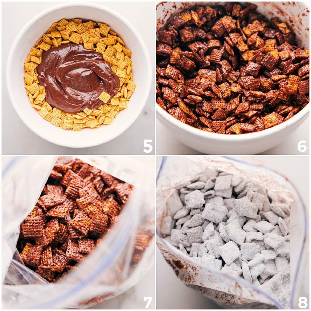How To Make Peanut Butter Puppy Chow Melted peanut butter chocolate poured over cereal, mixed until coated, then shaken in powdered sugar.
