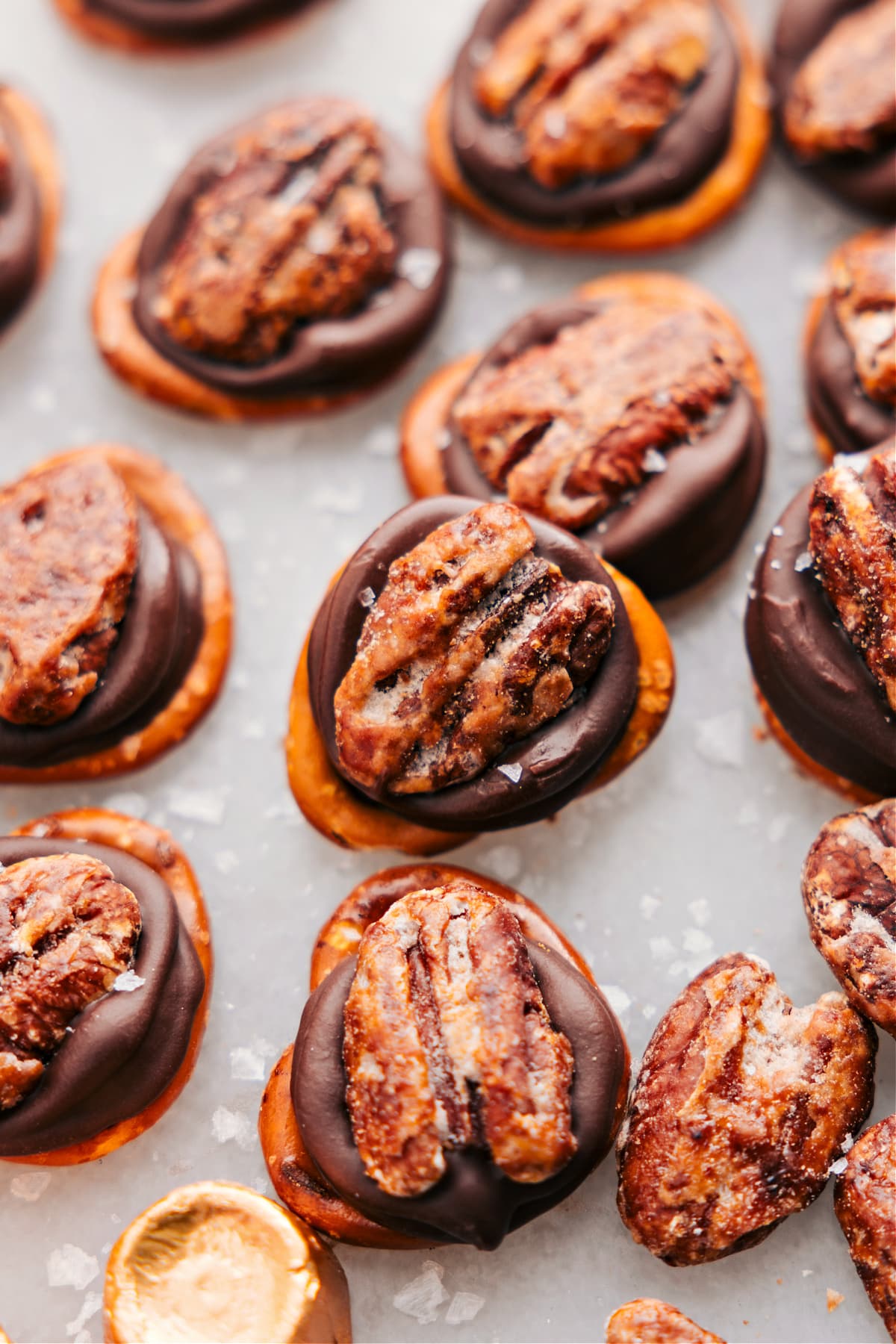 Sweet and Savory Turtle Candies Freshly sprinkled sea salt on top of the turtle candy.