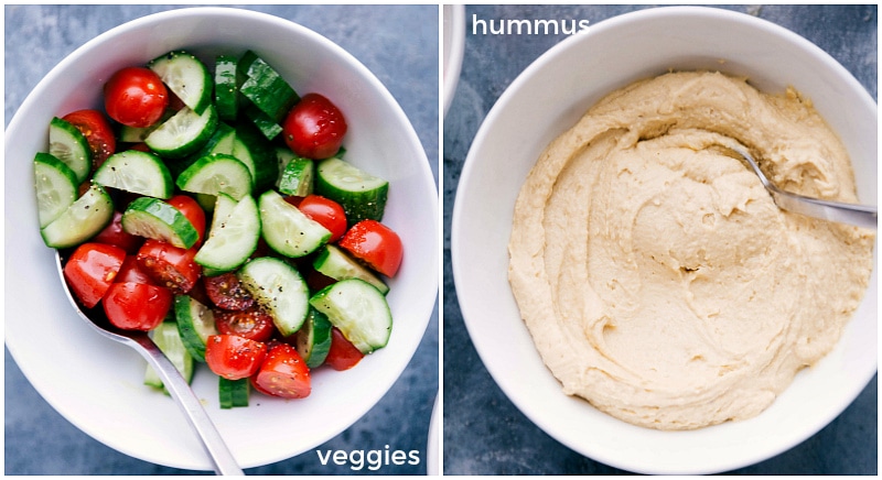 Crisp, fresh-cut vegetables and homemade hummus ready to be enjoyed as sides. Assortment of fresh vegetables and bowl of hummus served on the side.