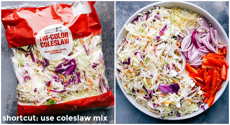 Fresh Coleslaw Mix and Veggies for Egg Roll in a Bowl Colorful coleslaw mix and assorted vegetables, ready to be incorporated into the egg roll in a bowl.