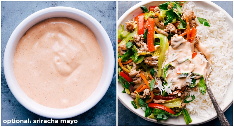 Sriracha Mayo Sauce for Enhancing the Dish Bowl of optional sriracha mayo sauce to complement the dish, adding a spicy kick.