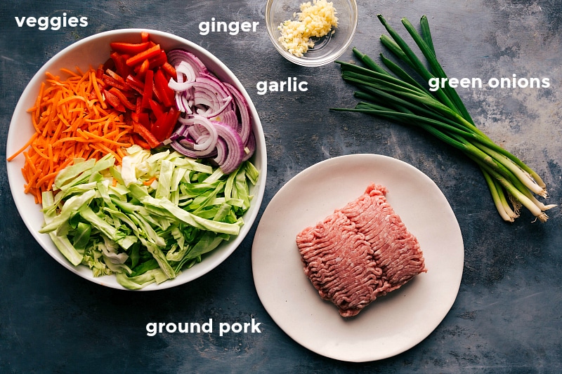 Key Ingredients for Preparing Egg Roll in a Bowl Recipe Collection of ingredients for the egg roll in a bowl recipe, including ground meat, vegetables, and seasonings.