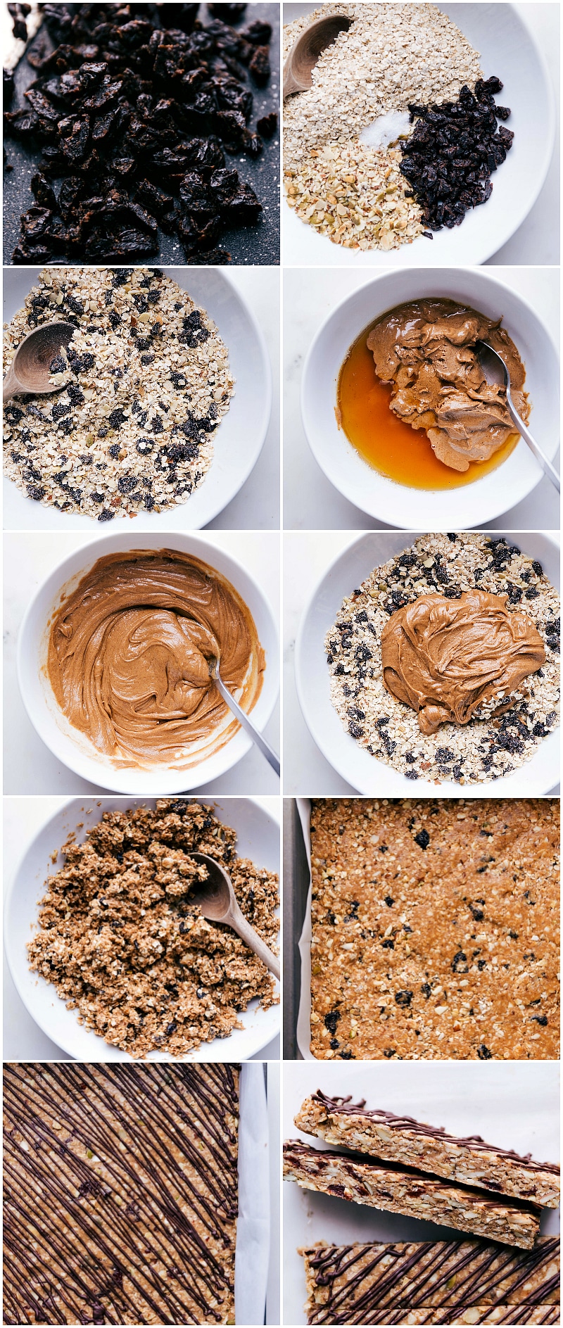 Step-by-Step Process for Making Delicious Bars Dried cherries and other ingredients combined in a bowl, mixing together, leaving bars in the pan to harden, cut, and drizzle with chocolate.