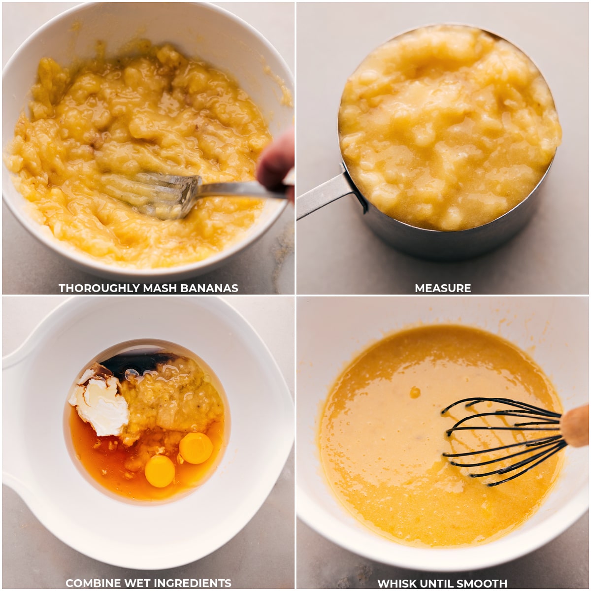 Wet Ingredients In Healthy Banana Bread Recipe The bananas mashed up and then added to the wet ingredients for this Healthy Banana Bread Recipe.