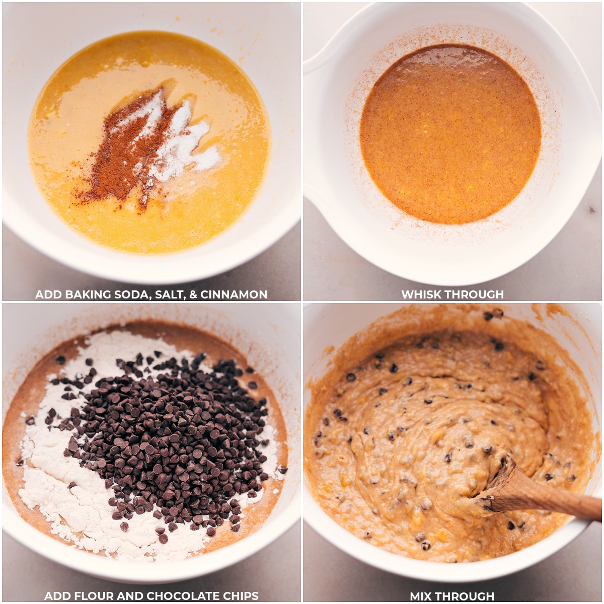 How To Make Healthy Banana Bread Recipe The dry ingredients added to the wet and it all mixed together.