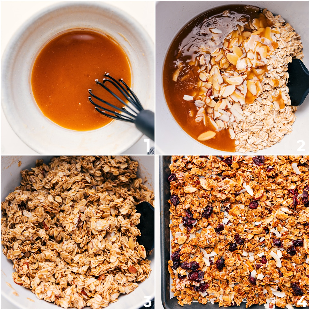 Oil, honey, vanilla, and salt all whisked together, then the dry ingredients mixed into it and it all spread out on a sheet pan and baked.