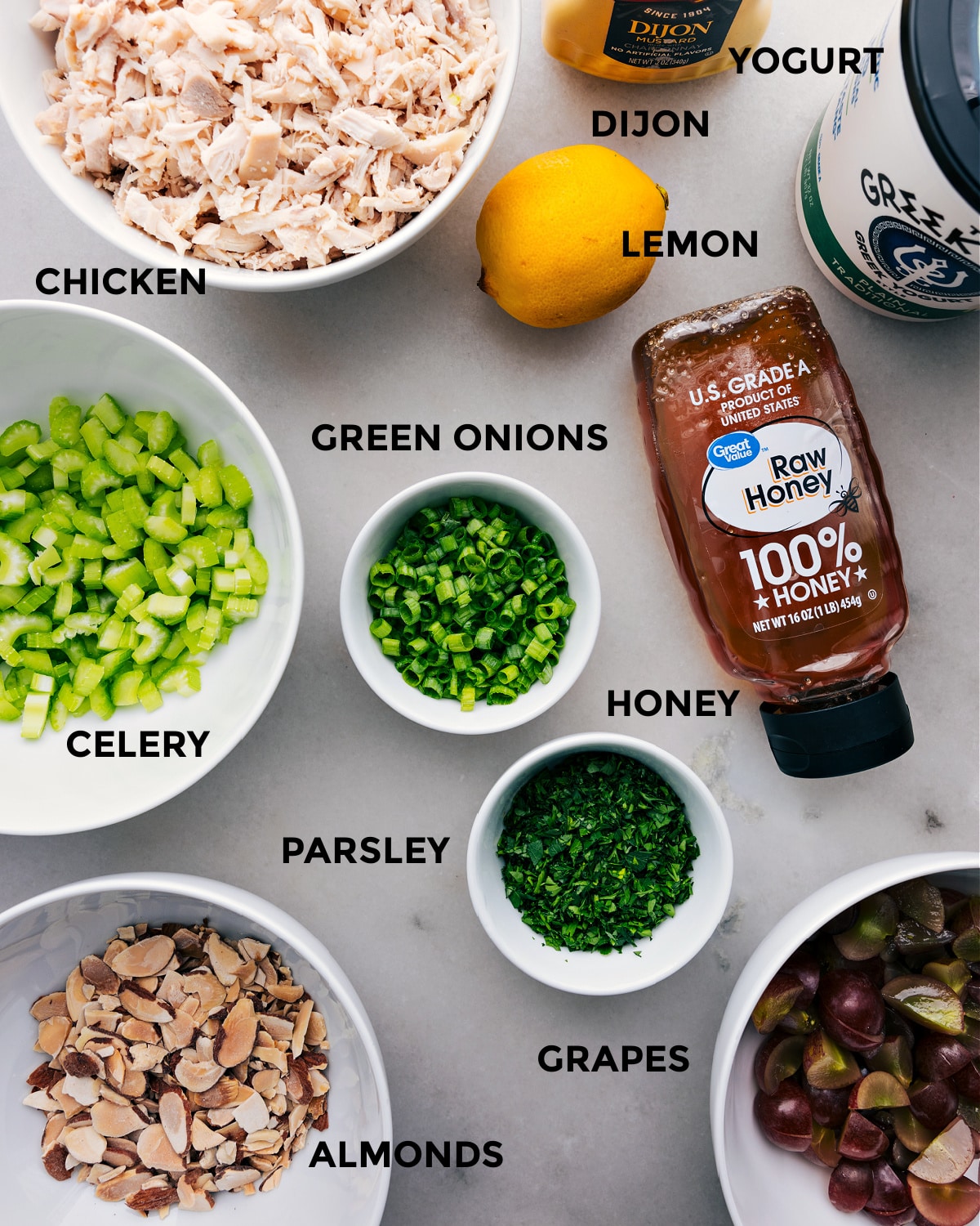 Ingredients In Healthy Chicken Salad Recipe All the ingredients in this recipe prepped out for easy assembly.