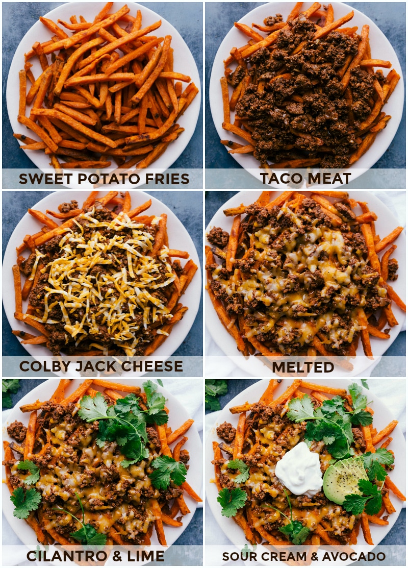 Assembling Loaded Taco Fries: Sweet Potato Fries, Seasoned Meat, Cheese, and Toppings Layering sweet potato fries with seasoned meat, cheese, and various toppings to create loaded nacho fries.