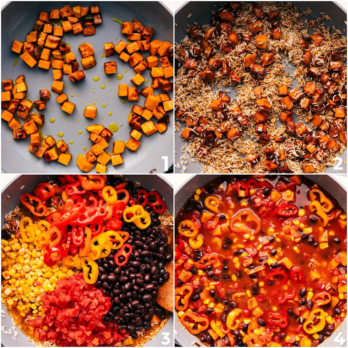 How To Make This One Skillet Sweet Potato Burrito Bowls All the ingredients for these One Skillet Sweet Potato Burrito Bowls being added to the skillet, except the cheese, to cook together for a delicious one pot meal.