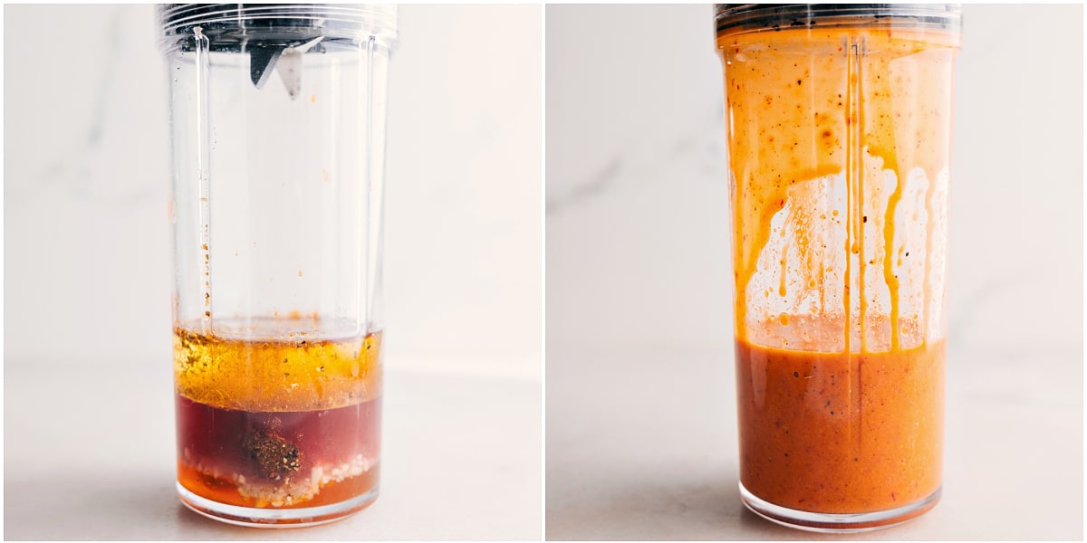 How To Make Chipotle Vinaigrette For Quinoa Corn Salad Chipotle-lime vinaigrette in a blender before and after mixing.