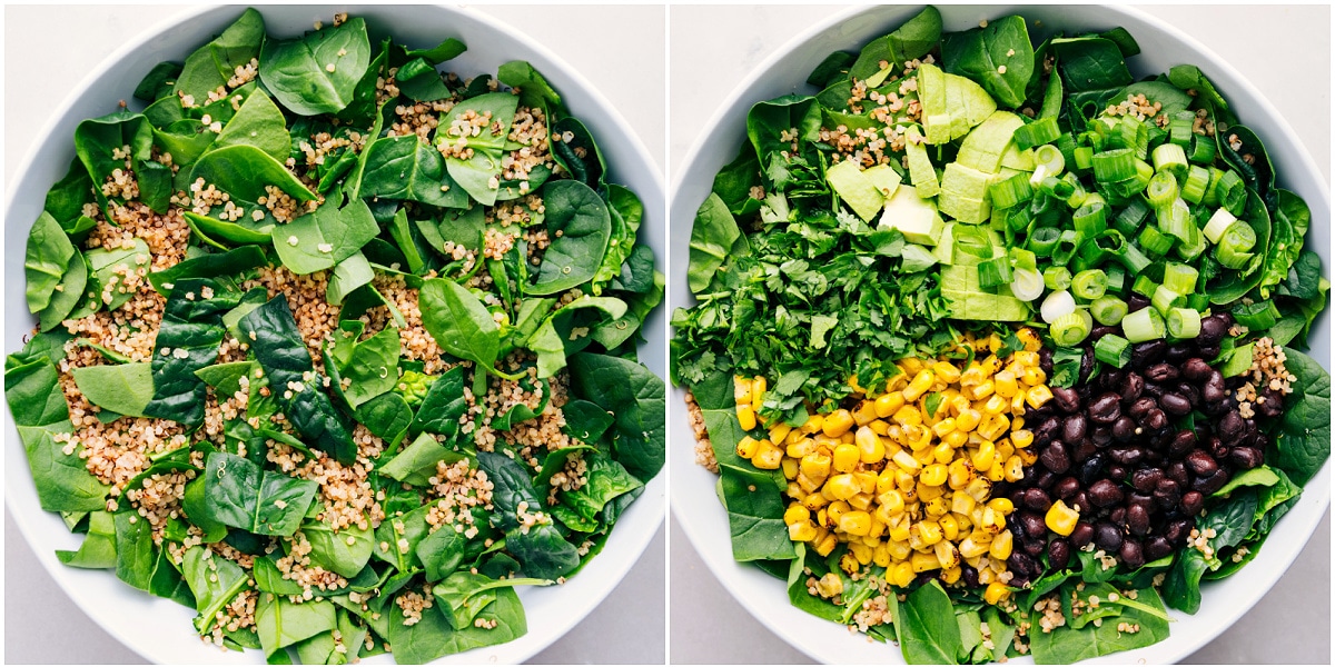 How To Make Quinoa Corn Salad Quinoa tossed with spinach then the rest of ingredients added on top.