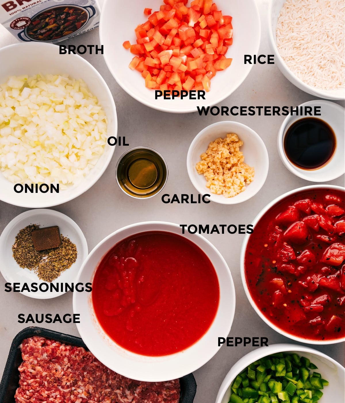 Ingredients In Stuffed Pepper Soup All the ingredients for this recipe are prepped and ready for easy assembly: peppers, onions, tomatoes, broth, meat, seasonings, garlic, Worcestershire, rice, and oil.