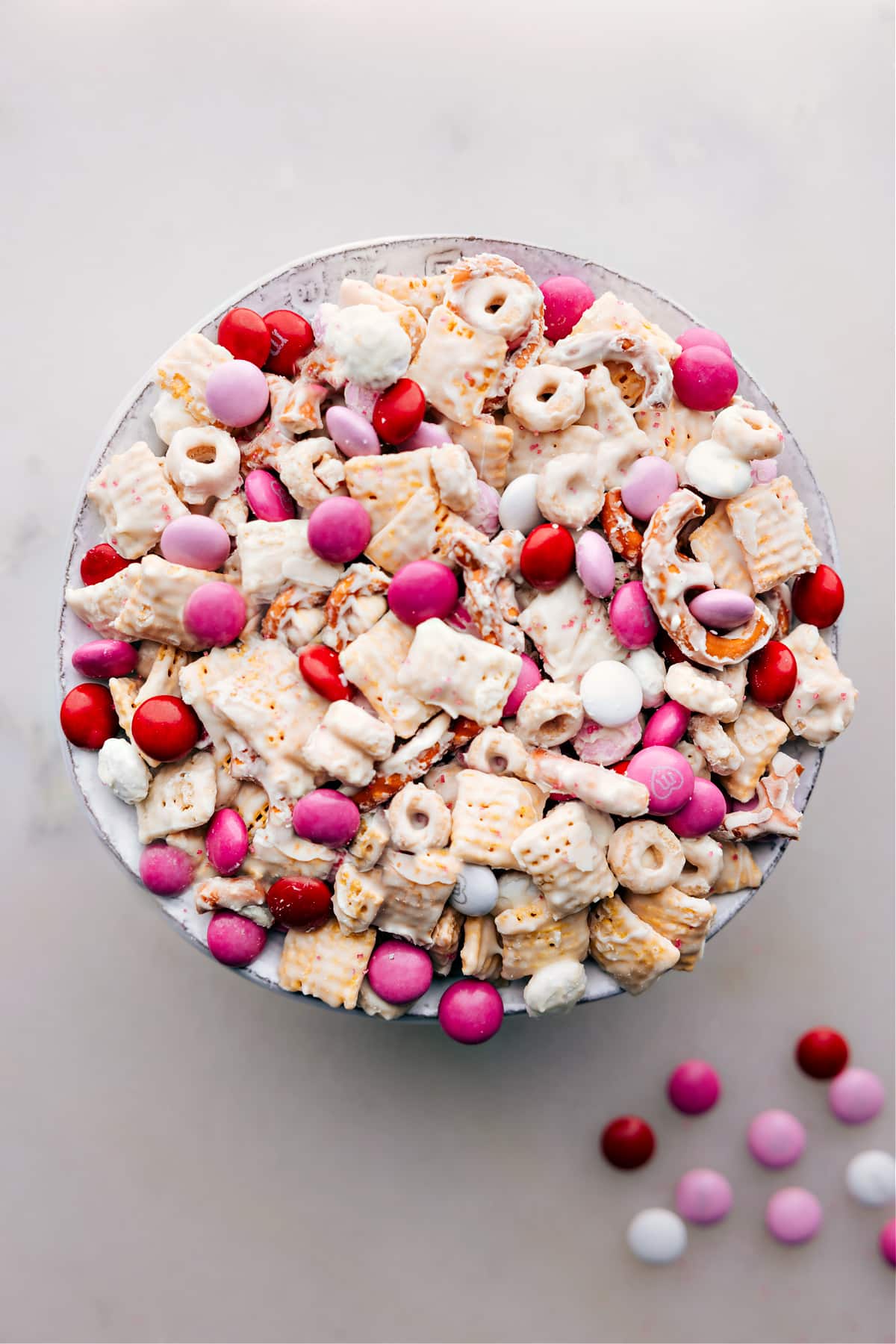 Valentine Snack Mix Valentine Snack Mix in a bowl.