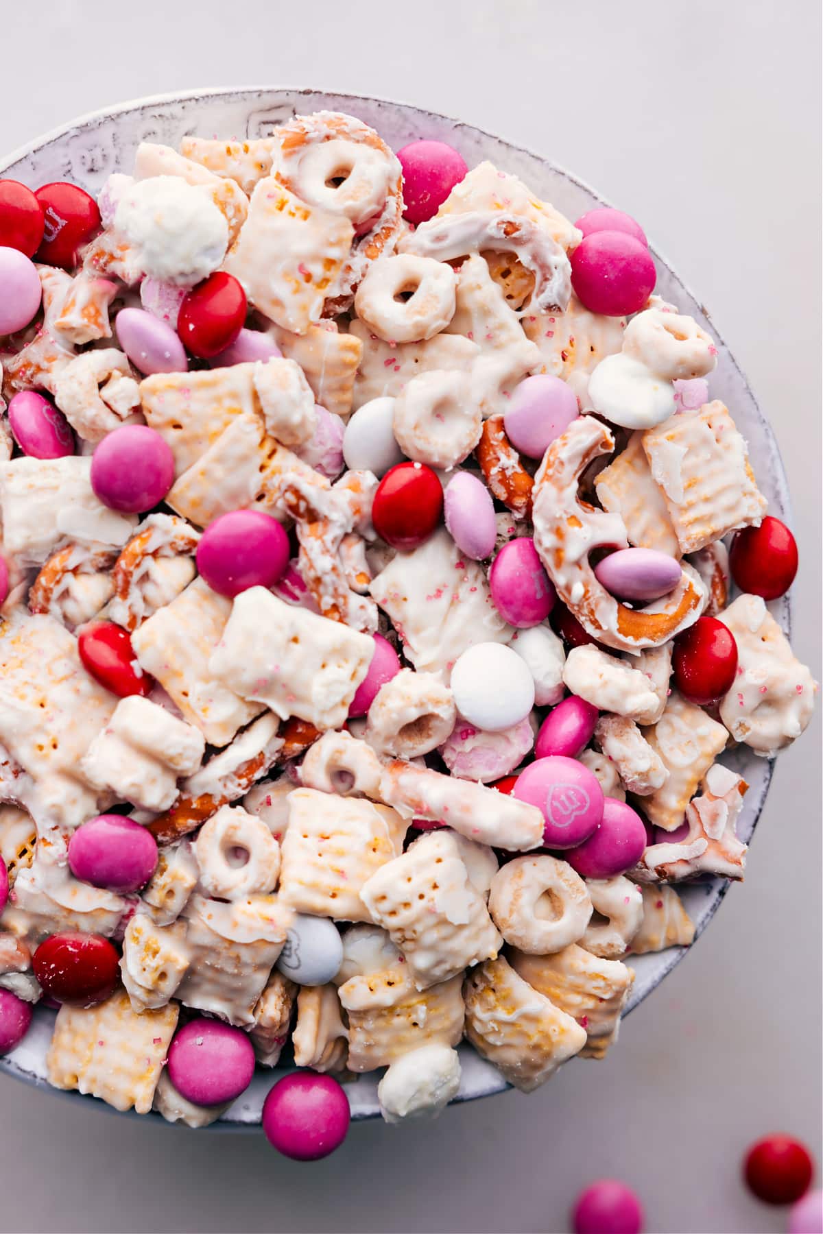 Valentine Snack Mix Ready To Be Enjoyed Big bowl of Valentine Snack Mix ready to be enjoyed.