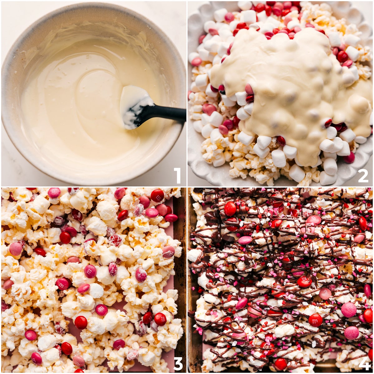 How To Make Valentine's Popcorn The white chocolate being melted and then poured over the mix of popcorn, marshmallows, and M&M's for this Valentine's popcorn.
