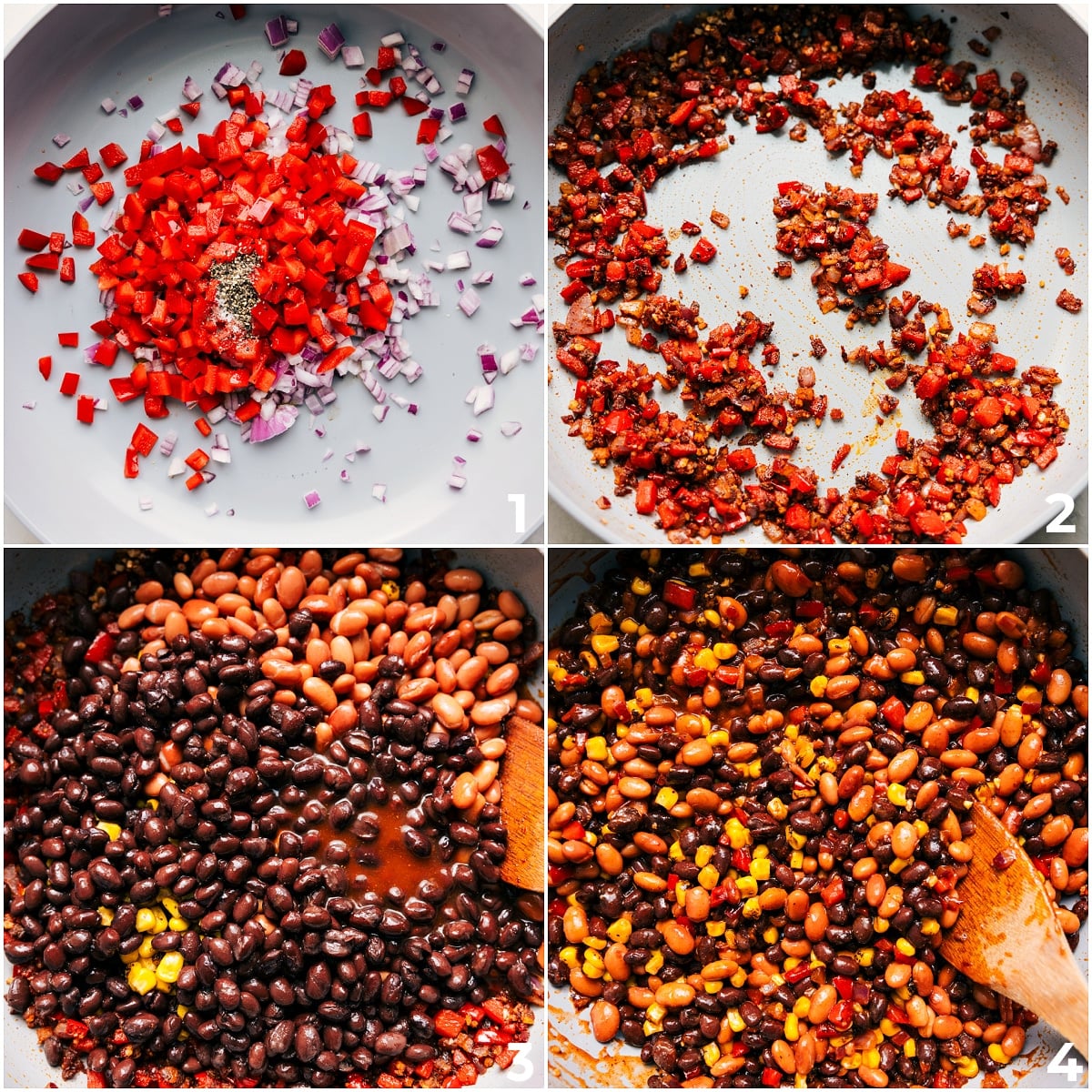 Preparing Enchiladas: Stuffing, Rolling, and Arranging Veggies sautéing in the skillet before adding beans and corn for these vegetarian enchiladas.