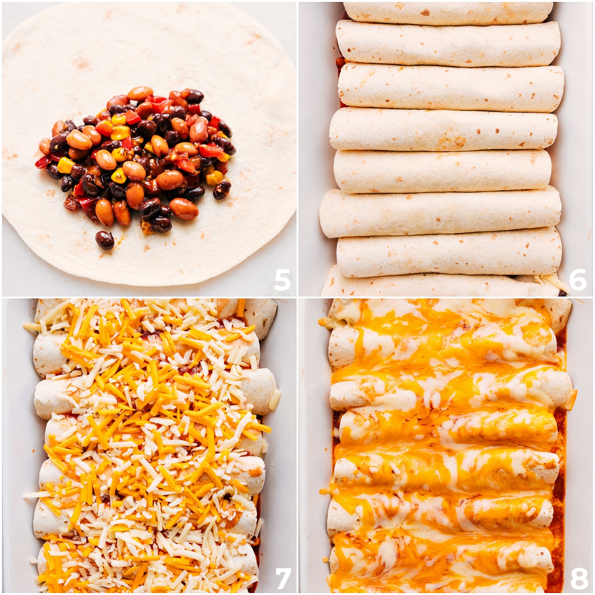 Tempting Vegetarian Enchiladas with a Slice Showing Delicious Ingredients Stuffing, rolling, and placing each tortilla in the pan before covering with cheese and baking.