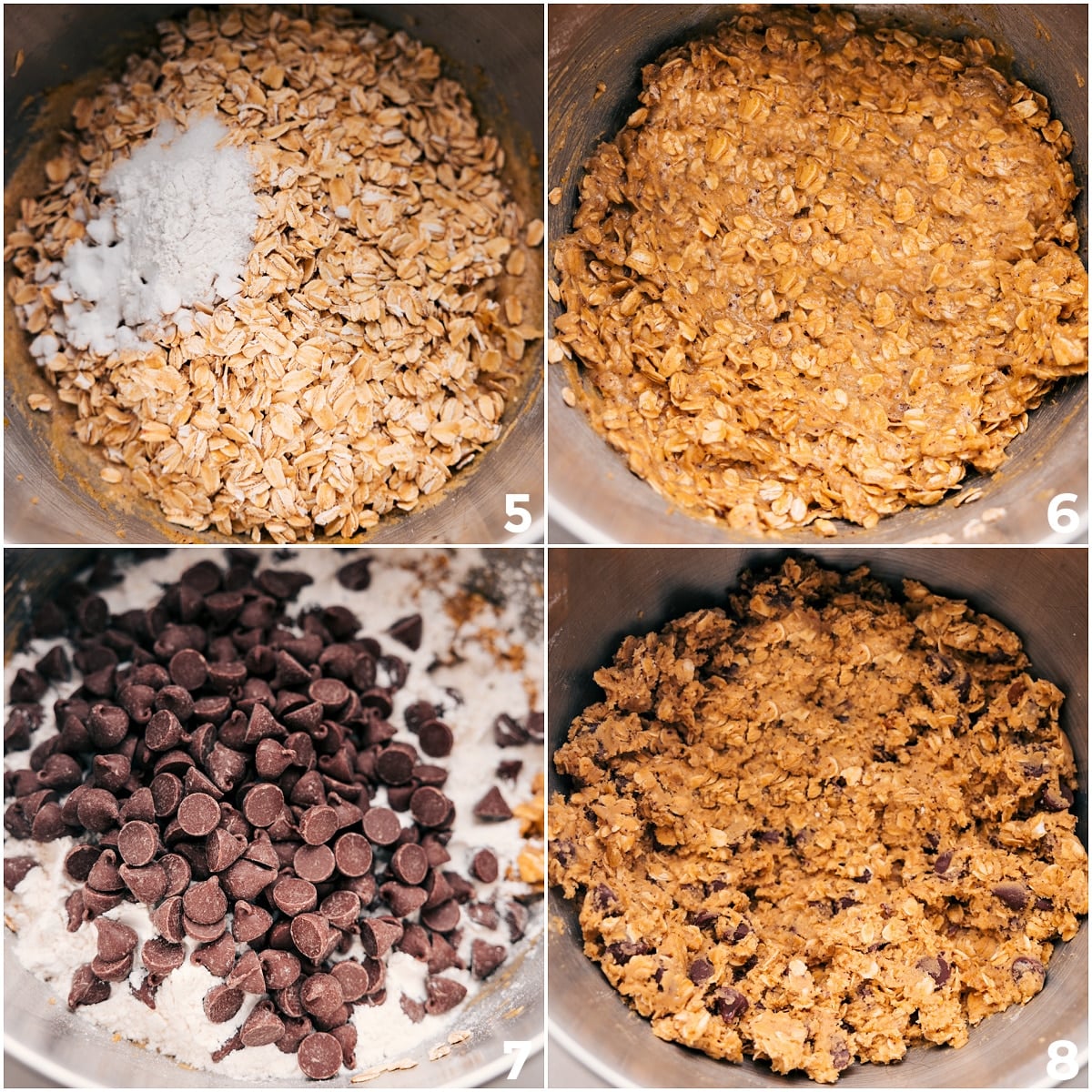 Crafting Browned Butter Chocolate Chip Cookies: From Adding Oats to Preparing for Baking Add the dry ingredients—oats, baking agents, and chocolate chips—to the dough and mix everything together for these Brown Butter Oatmeal Chocolate Chip Cookies.