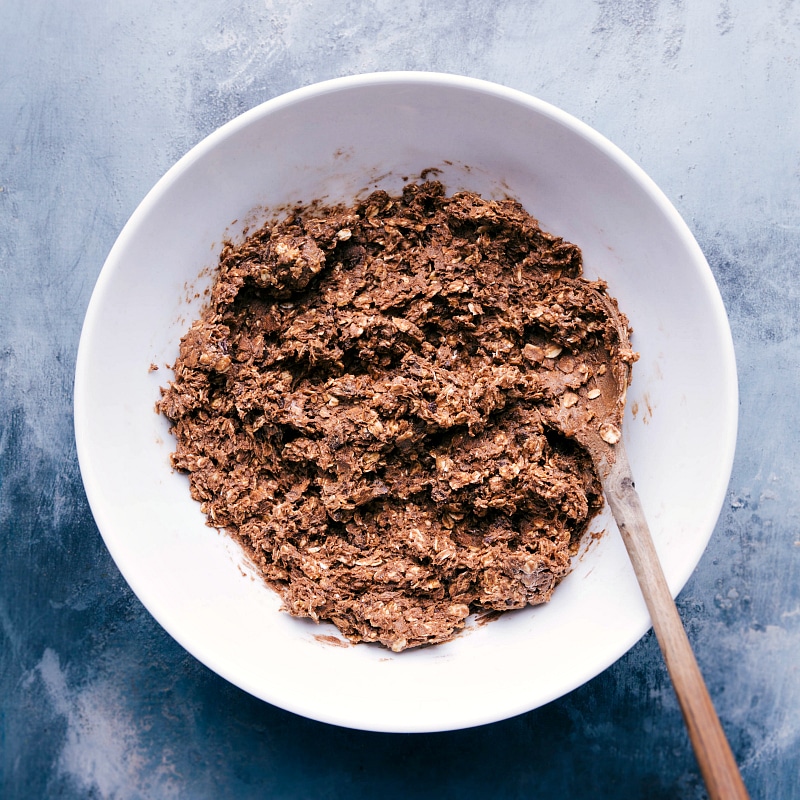 Finished Dough for Delicious Chocolate Energy Bites Perfectly prepared dough for healthy no bake chocolate energy bites, awaiting being rolled.