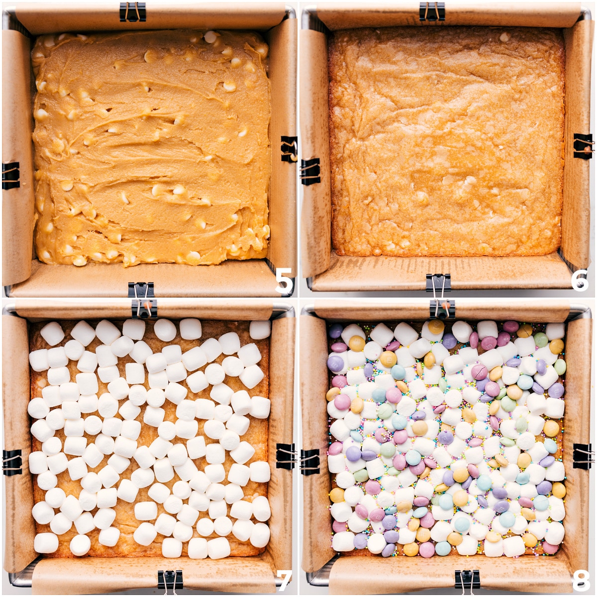 Spring Inspired Confetti Bars Confetti Bars dough pressed into a pan, par baked, then topped with marshmallows, M&Ms, and sprinkles for a quick final bake.