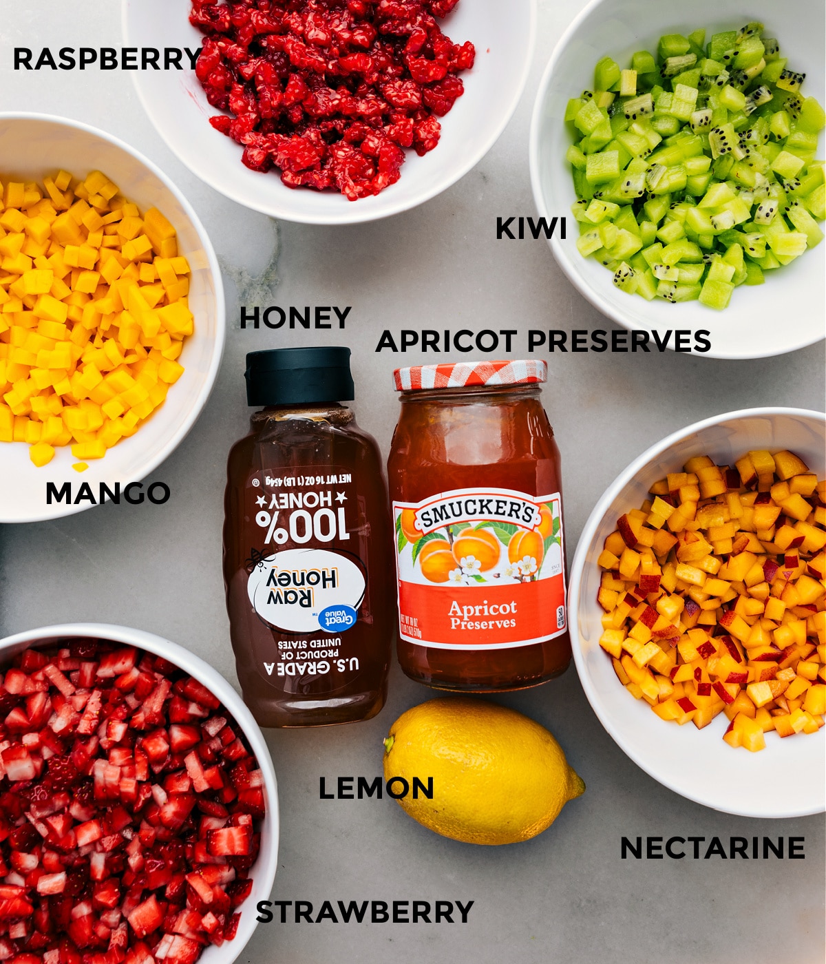 Ingredients In Fruit Salsa All the ingredients in this recipe prepped in bowl for easy assembly.