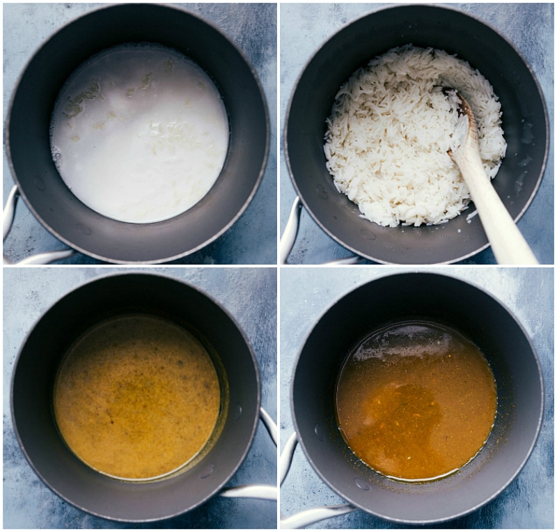 Crafting Coconut Rice and Curry Sauce for Grilled Curry Chicken Preparation of creamy coconut rice alongside the simmering of a rich curry sauce, intended for grilled curry chicken.