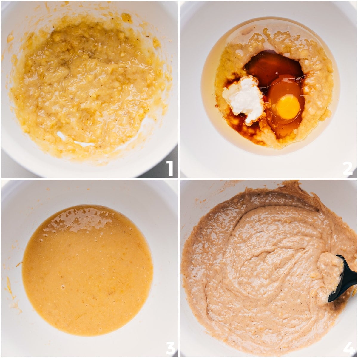 How To Make Healthy Banana Muffins Mash the bananas in a bowl, then mix the rest of the wet ingredients together to make the healthy banana muffin batter.