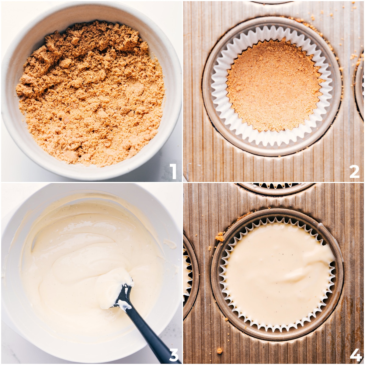 How To Make Mini Cheesecake Recipe Graham cracker crust mixed and pressed into a muffin tin, then cheesecake filling mixed and poured on top for this mini cheesecake recipe.