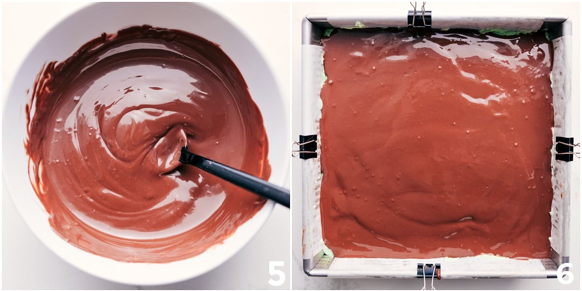 Chocolate Topping On Mint Brownies Melted chocolate spread on top of the dessert.