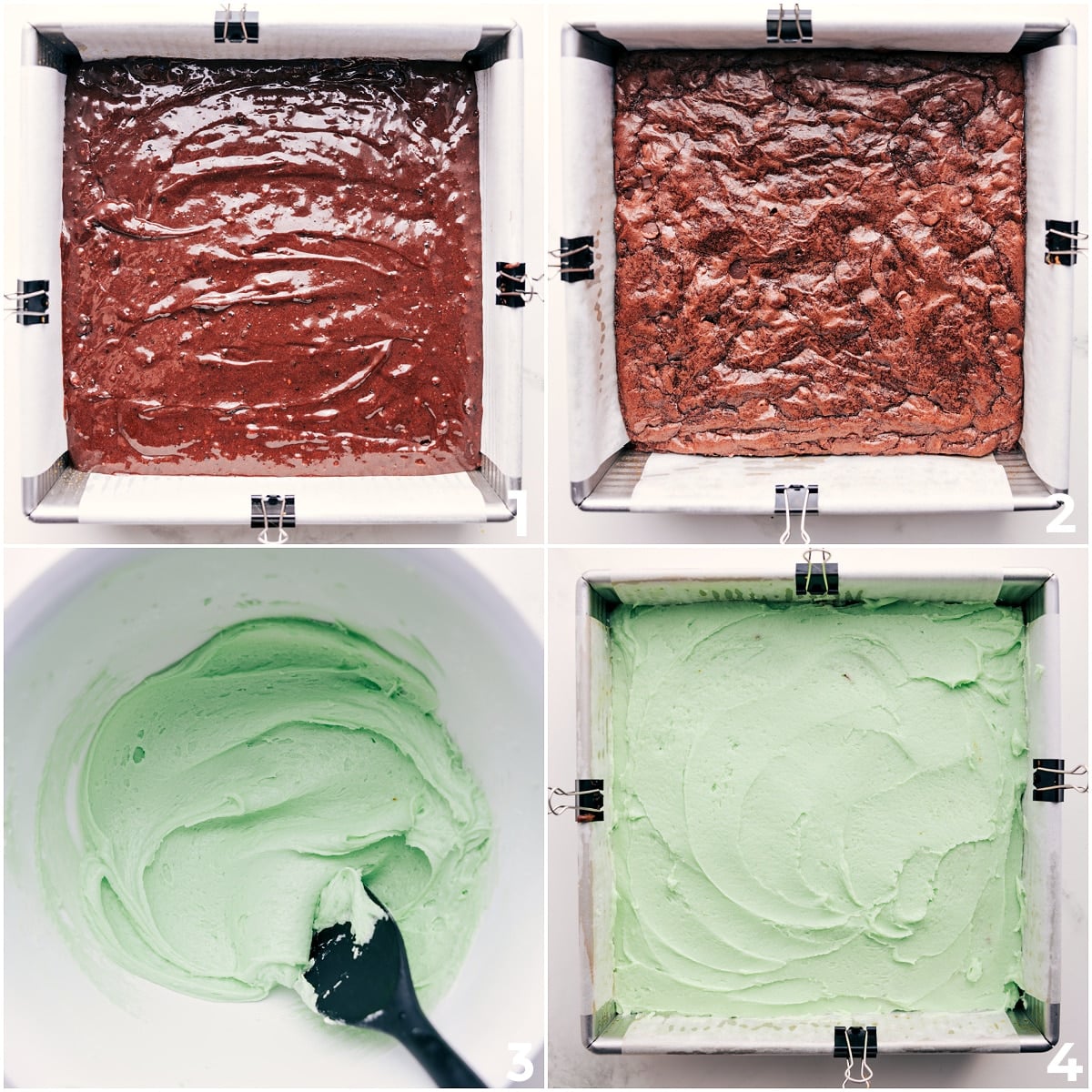 Mint Frosting and Chocolate Topping Preparation for Mint Chocolate Brownies Brownies baked up and the mint frosting mixed together in one bowl for these mint brownies.