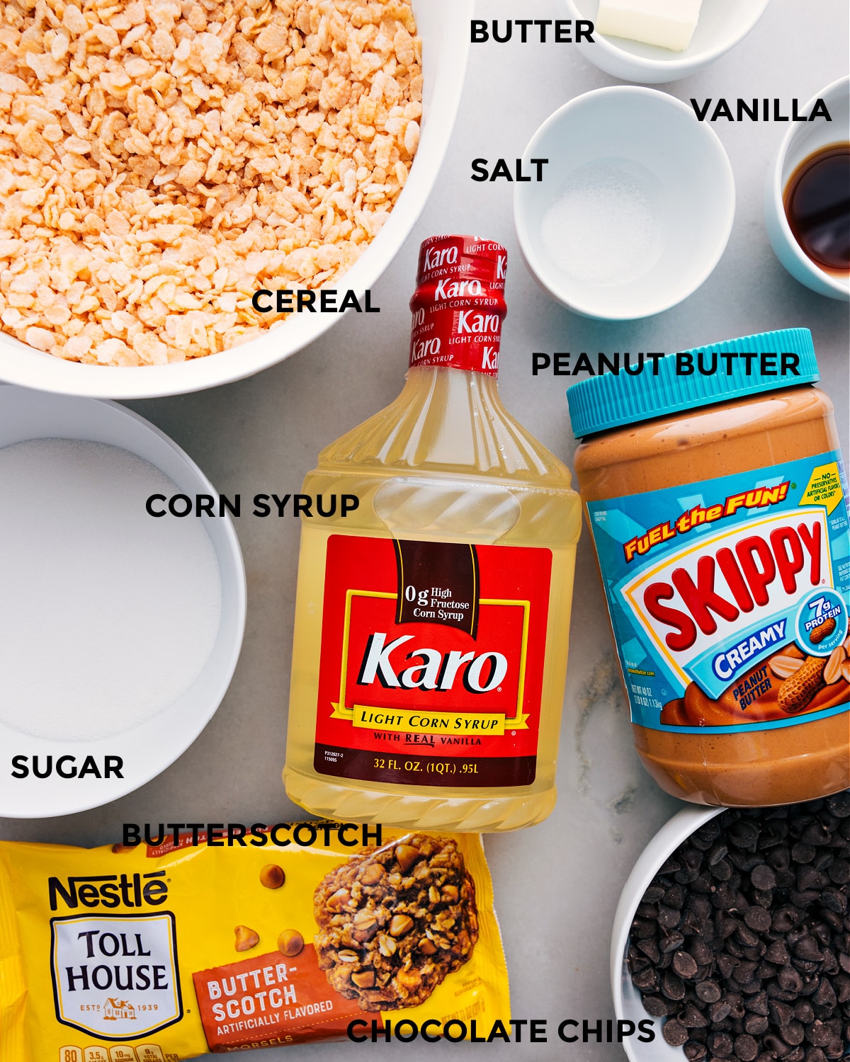 Ingredients In Scotcheroos Ingredients in this recipe prepped out for easy assembly.