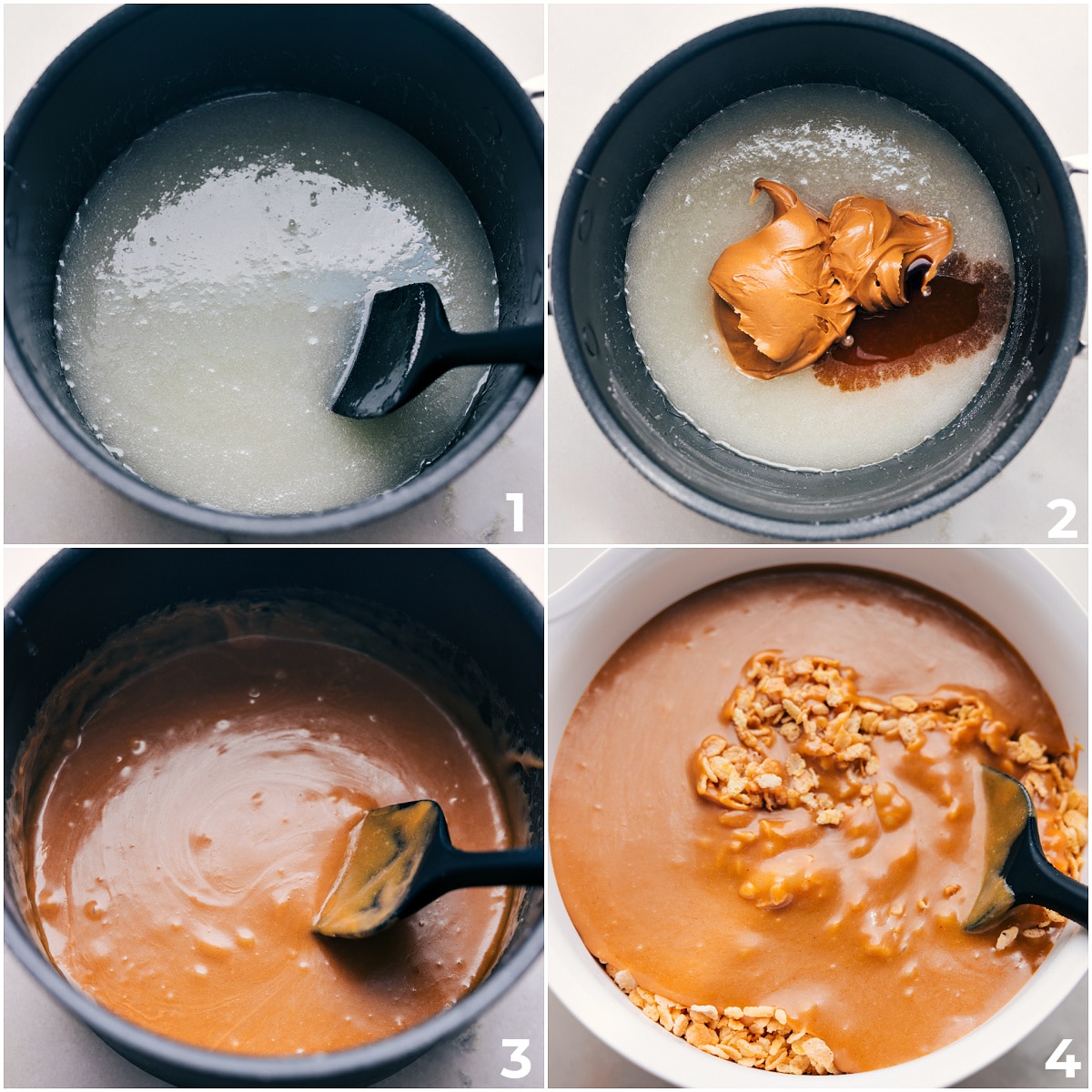 The Best Scotcheroos Recipe Corn syrup, peanut butter, and vanilla being added to a pot and it all being melted together and poured over the cereal.