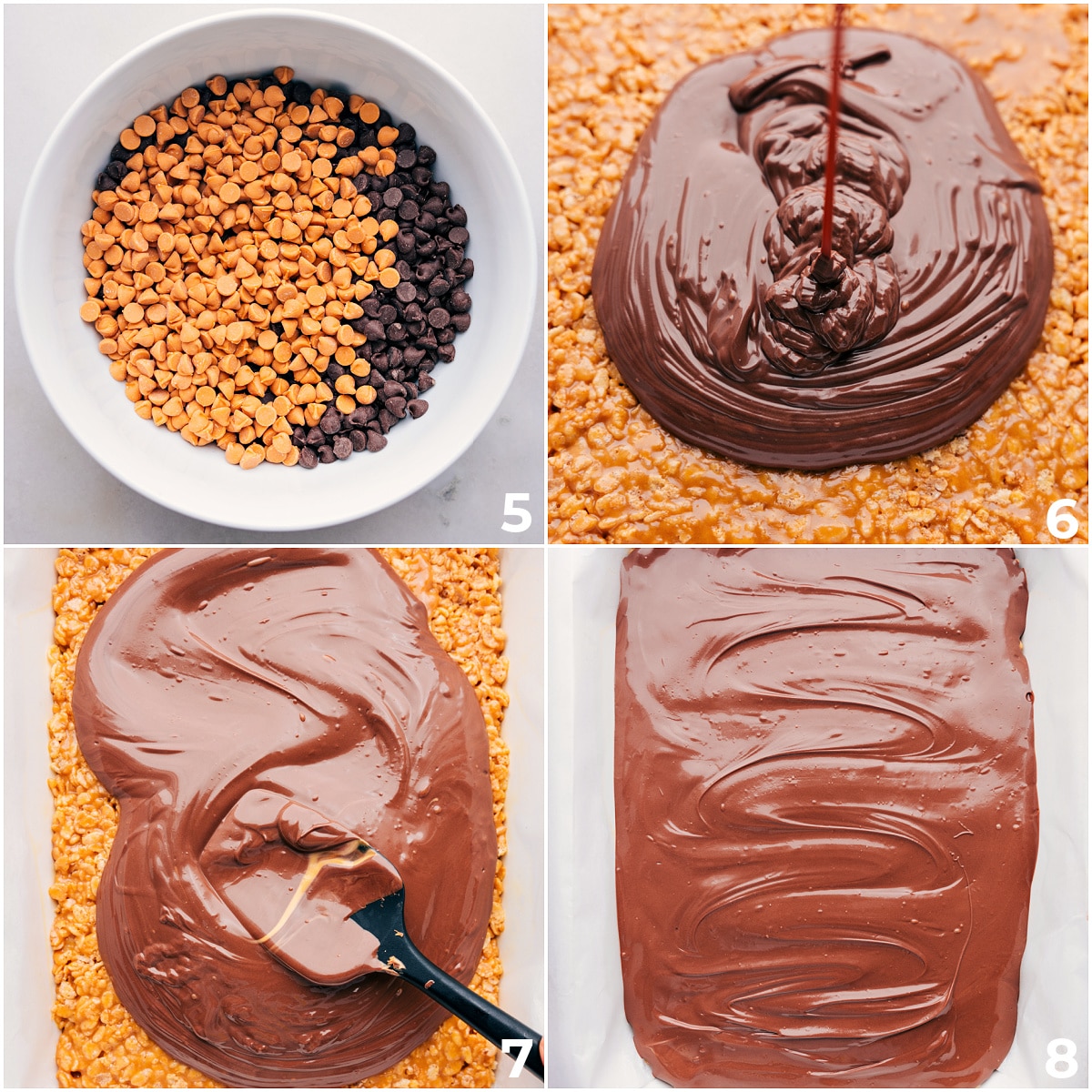 Best Scotcheroos Recipe Butterscotch and chocolate chips being melted together and poured over the scotcheroos recipe.