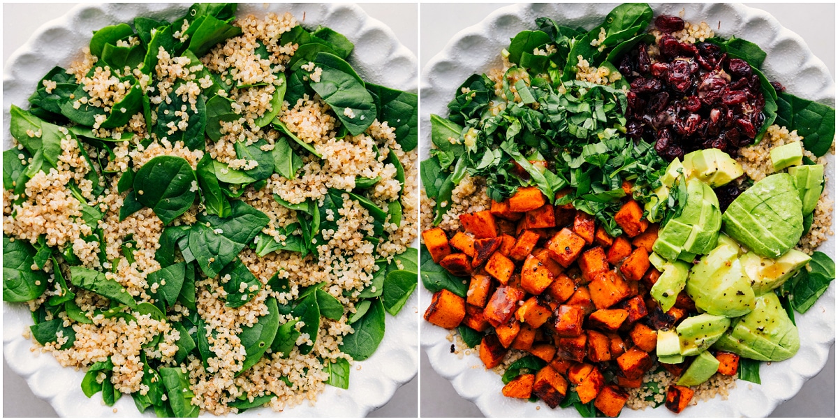 How To Make Sweet Potato Quinoa Salad
Greens and quinoa mixed together, then topped with sweet potatoes, basil, avocado, cranberries, and dressing.