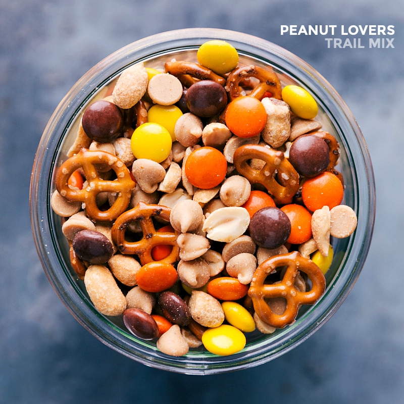 Deliciously Combined Peanut Lover's Trail Mix Ingredients Finished snack, highlighting the delicious harmony of chocolate treats and nutty flavors.