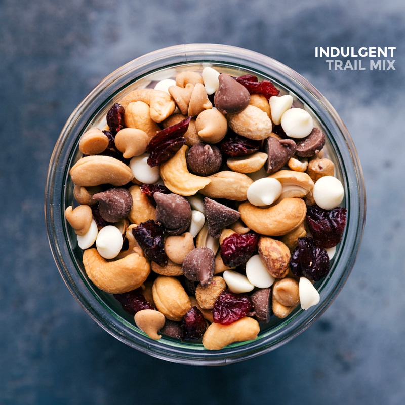 Complete Trail Mix in Jar, Ready to Snack On Jar filled with the finished, ready-to-eat snack, featuring a blend of nuts, dried fruits, and other tasty morsels.