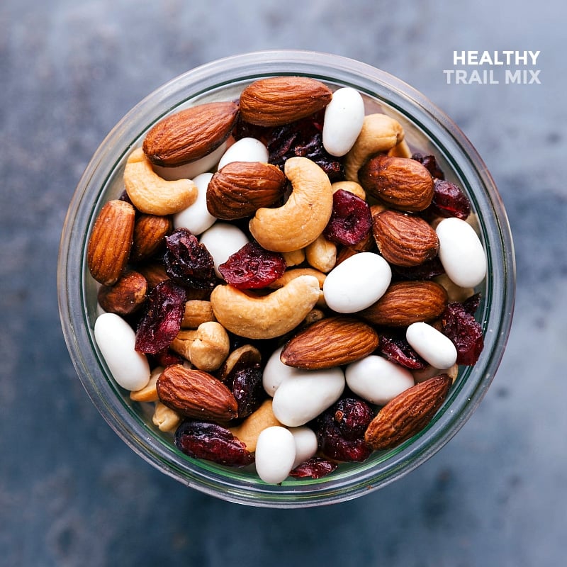 Ready-to-Enjoy Healthy Trail Mix Snack Completed snack, a blend of nuts, seeds, and dried fruits, ready for snacking.