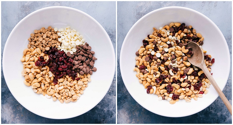 Combining Rich Ingredients for Indulgent Trail Mix Ingredients for the indulgent trail mix recipe including chocolate chips, golden raisins, dried cherries, and more, being stirred together.