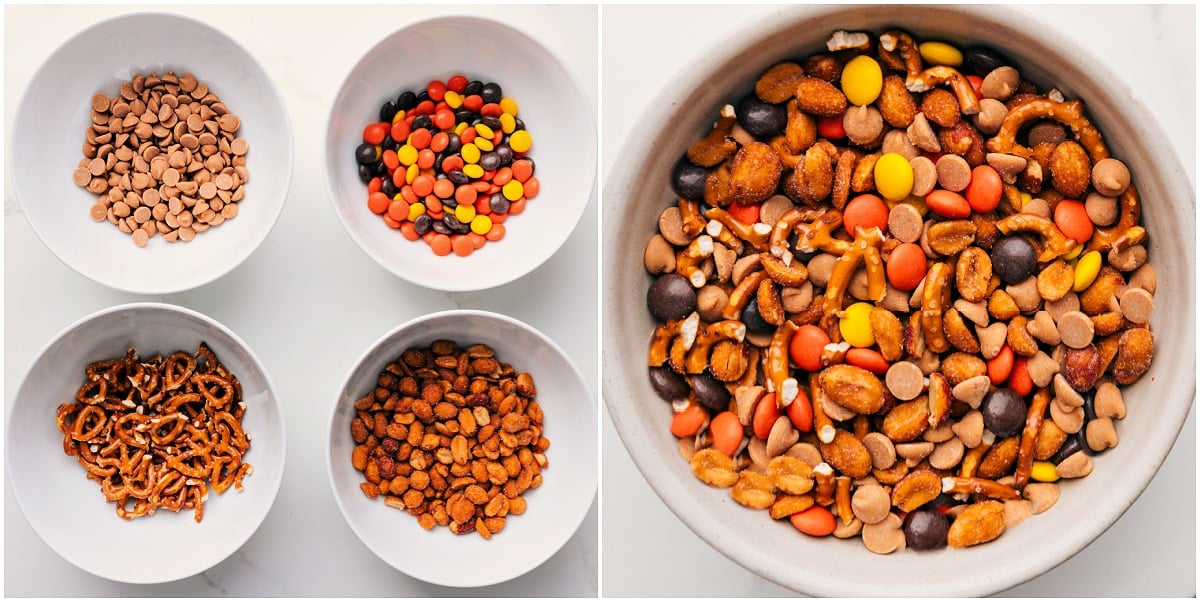 Peanut Butter Trail Mix Peanut Butter Trail Mix Recipe being made with peanut butter chips, peanut butter M&Mโs, pretzels, and peanuts combined in a bowl.