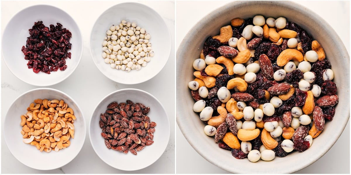 Dried Fruit Trail Mix Being Made Dried Fruit Snack Mix being assembled with dried cranberries, yogurt-covered dried fruit, cashews, and almonds combined in a bowl.