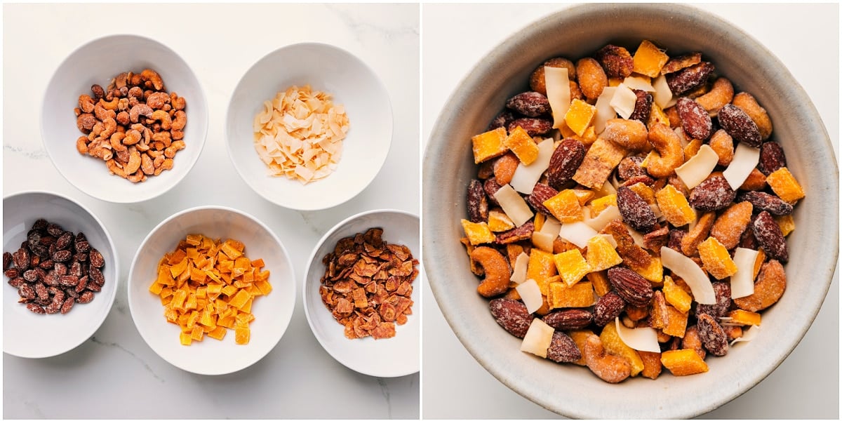 Tropical Trail Mix Recipe Tropical Trail Mix being made with cashews, coconut, dried mango, almonds, and banana chips combined in a bowl.