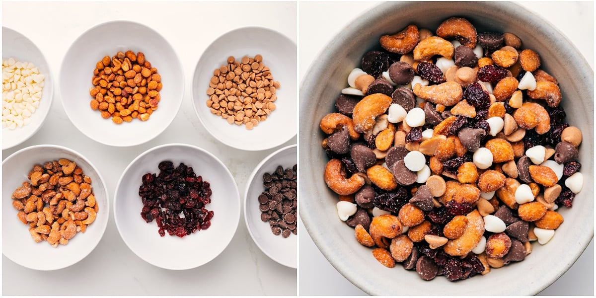Double Chocolate Trail Mix Recipe Chocolate Snack Mix being made with white and milk chocolate chips, nuts, and dried cranberries combined in a bowl.