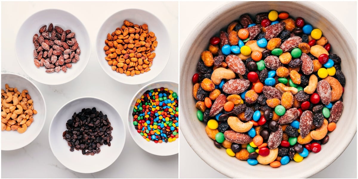 How To Make This Trail Mix Recipe Base Trail Mix Recipe being made with nuts, raisins, and M&Mโs combined in a bowl.