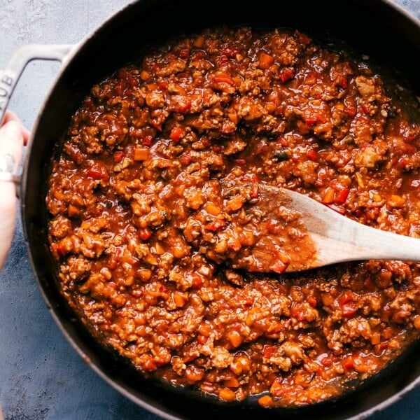 Sloppy joes with turkey, prepared and ready to be spooned onto buns for serving.