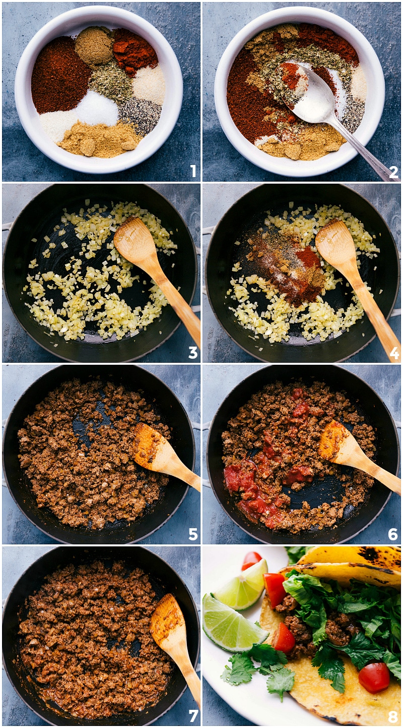 Creation of a flavorful seasoning mix followed by its incorporation into sautรฉed onions and garlic, followed by cooking the meat and assembling it on tacos.