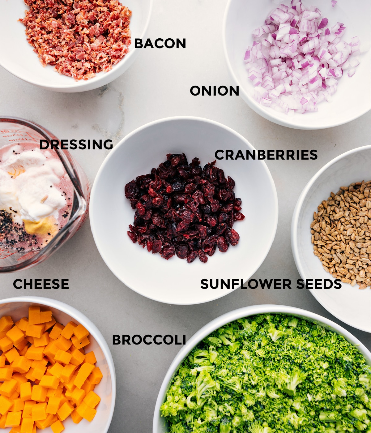 Ingredients In Easy Broccoli Salad All the ingredients for prepped out for easy assembly.
