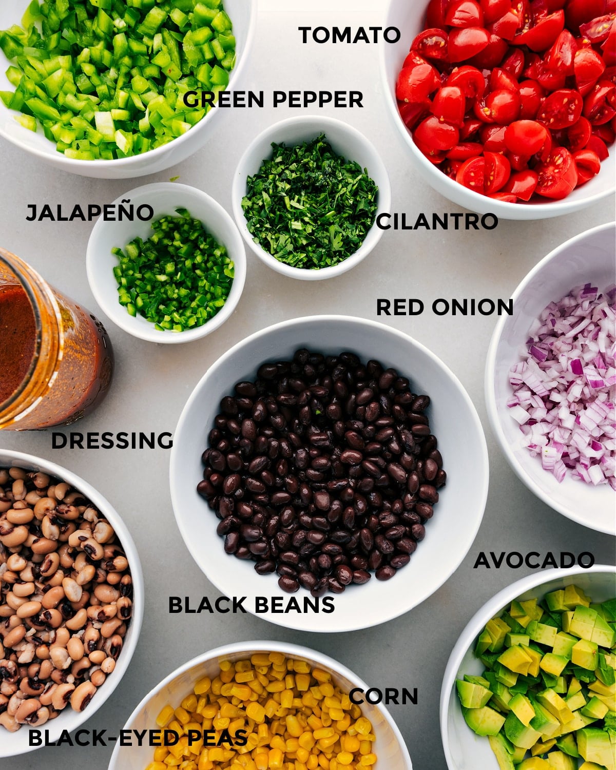 Ingredients In Cowboy Caviar All the ingredients in this recipe prepped out for easy assembly.