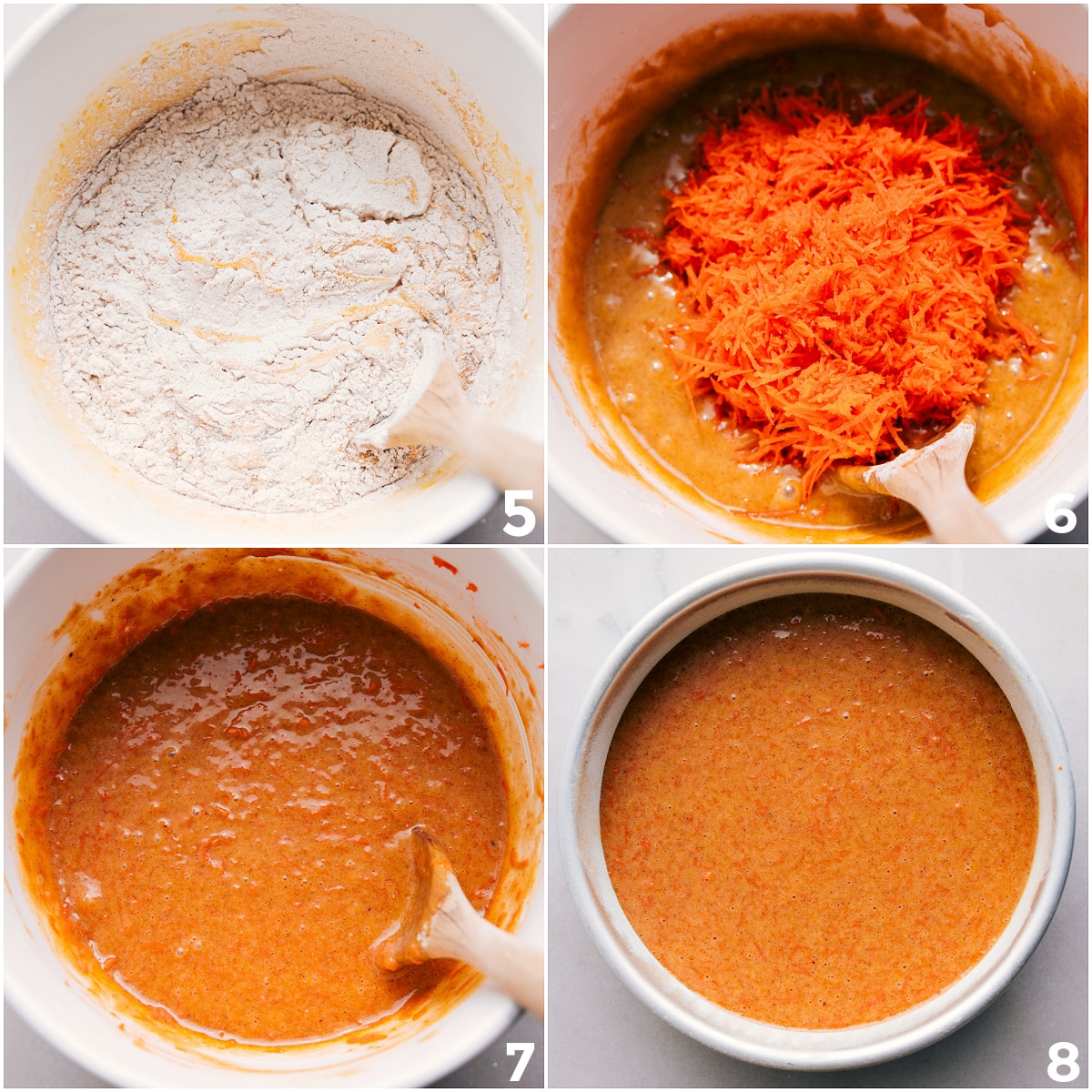 Combine Wet And Dry Ingredients For Carrot Cake I’m combining the wet and dry ingredients, folding in the shredded carrots, and pouring everything into the pans to bake.